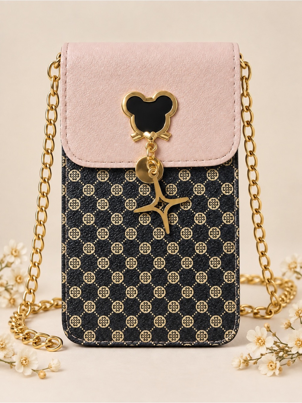 Chic Floral Monogram Crossbody Phone Bag - Pink & Black NWOT